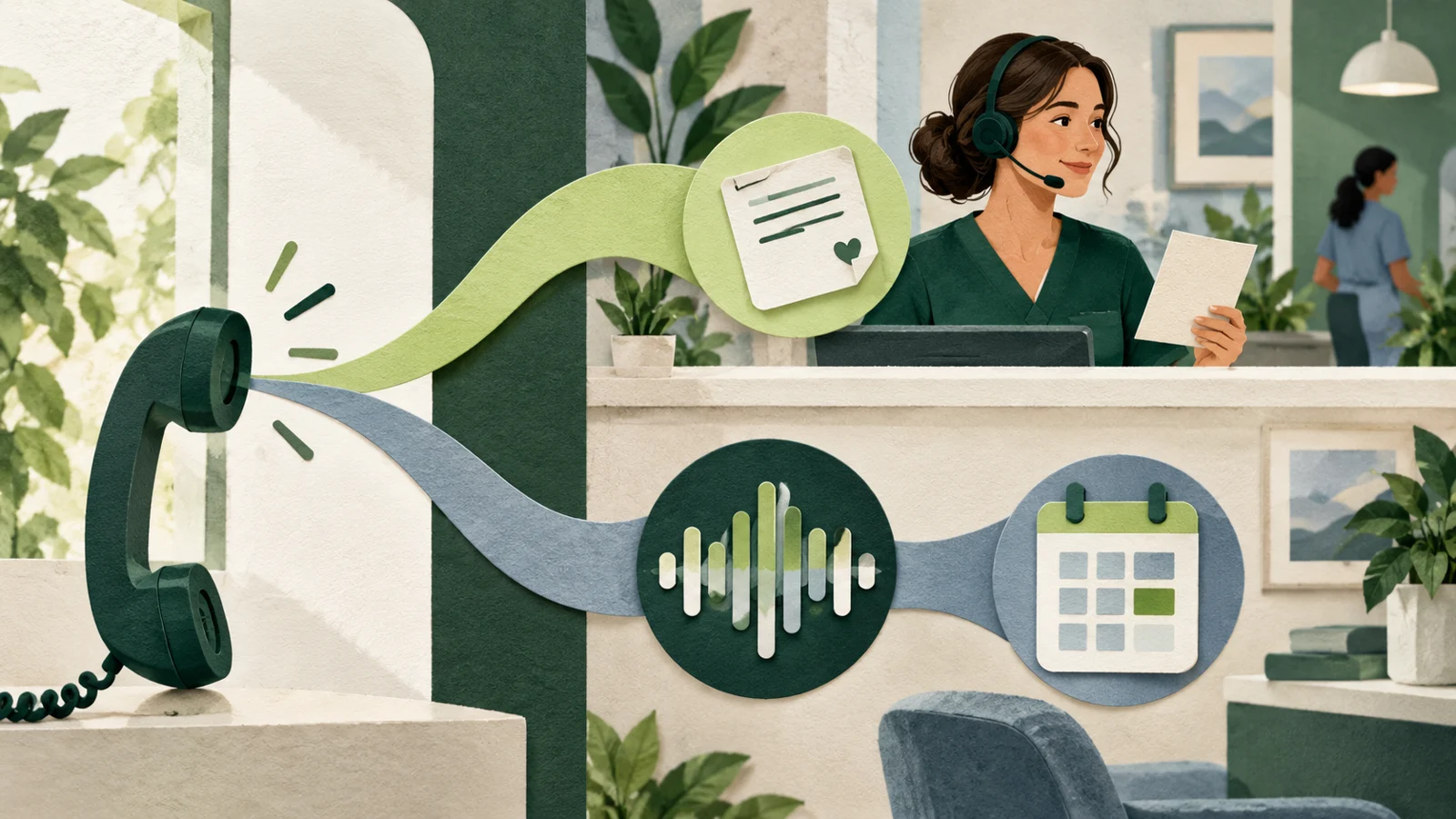 Paper collage of a human call coordinator and an AI waveform linked to appointment scheduling