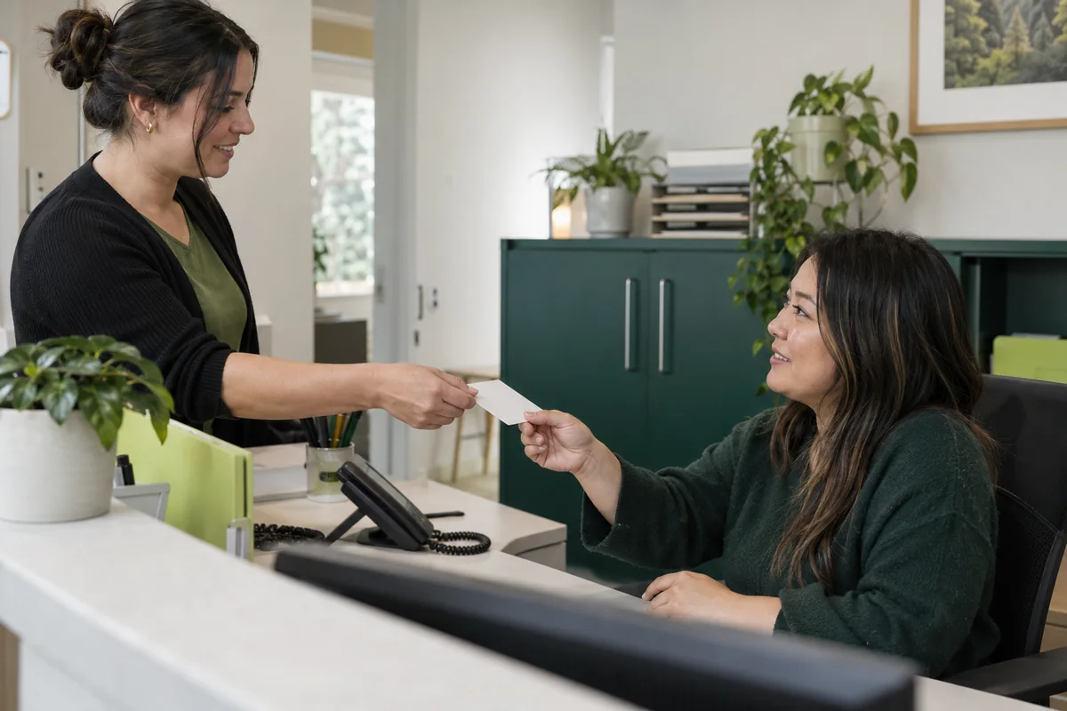 Two clinic colleagues pass a blank request card at reception