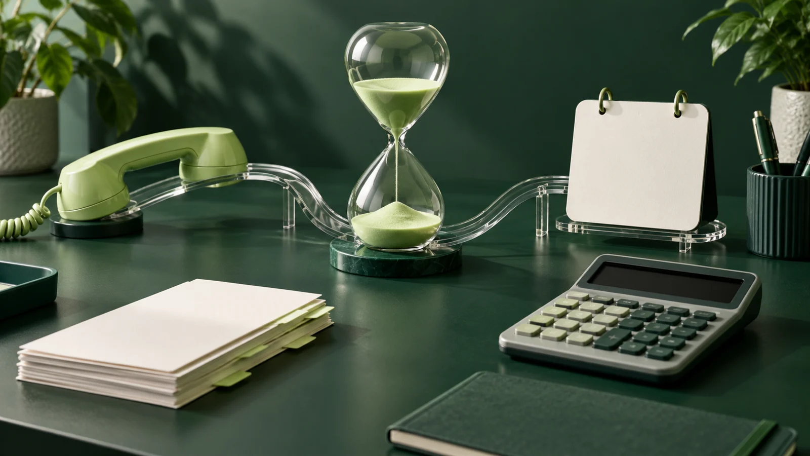 Green hourglass, calculator and blank workflow cards beside a phone and calendar