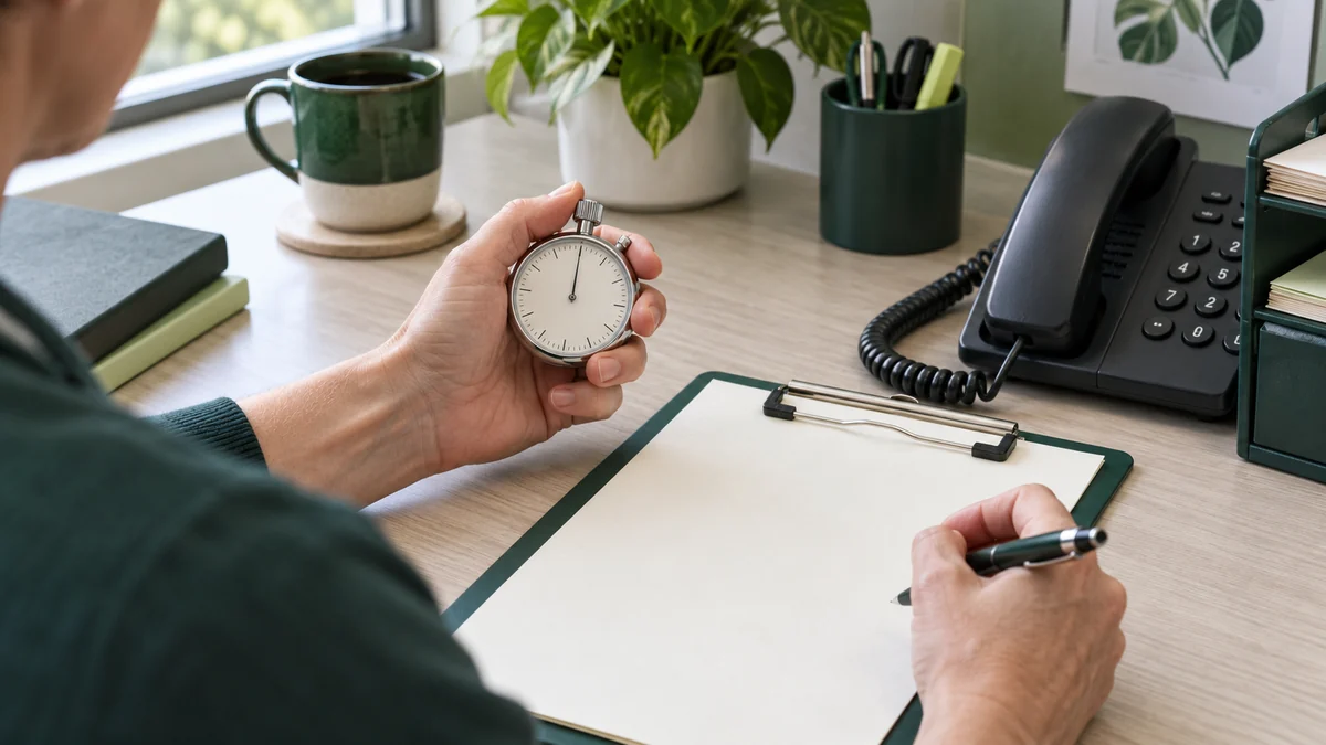A clinic manager times an administrative task beside a blank tally sheet
