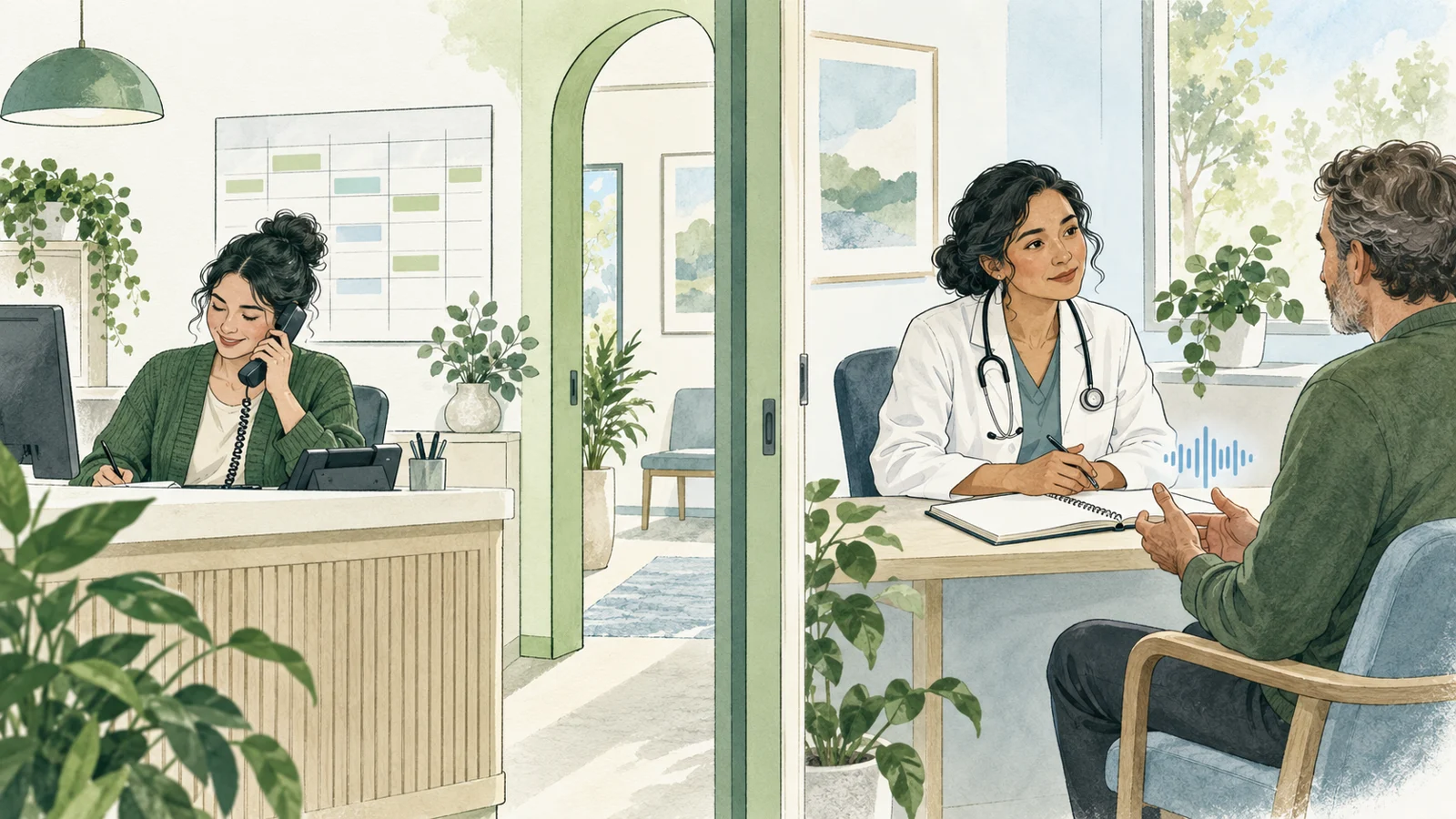 Illustration of clinic reception beside a clinician and patient during a consultation