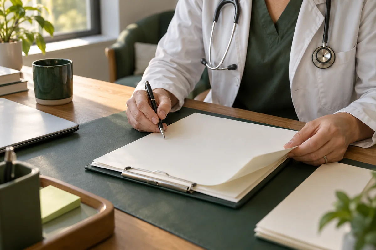 A clinician reviews blank draft notes with a pen at a desk