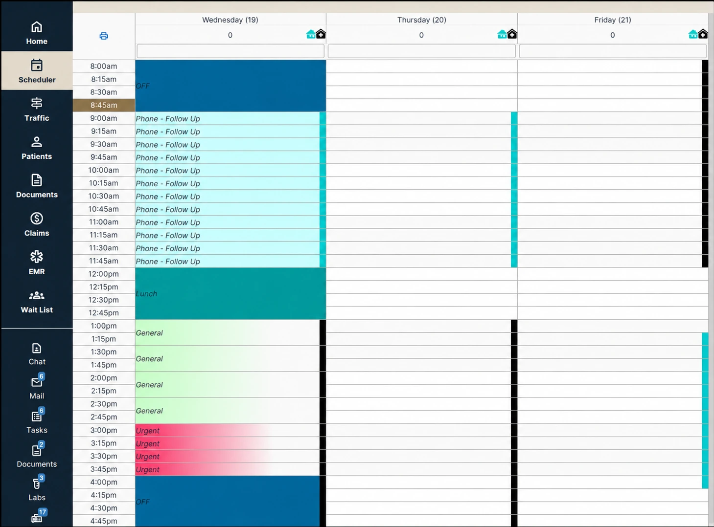 De-identified Accuro scheduling interface with example data