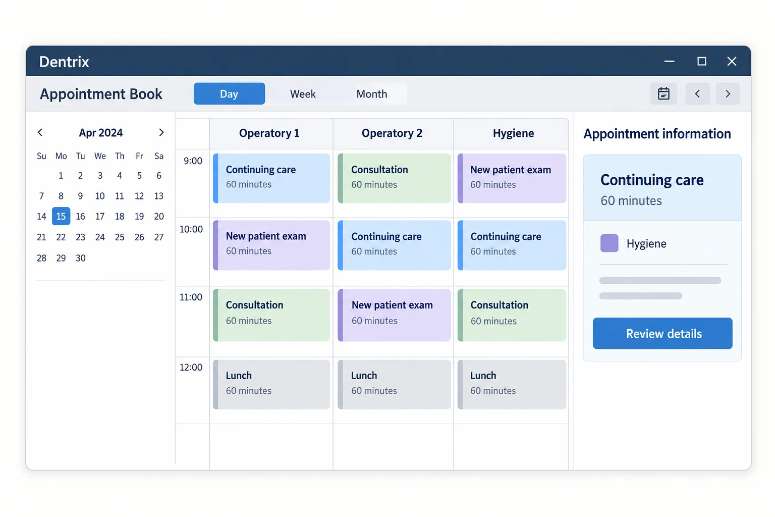 Illustrative Dentrix scheduling workflow with example appointment data