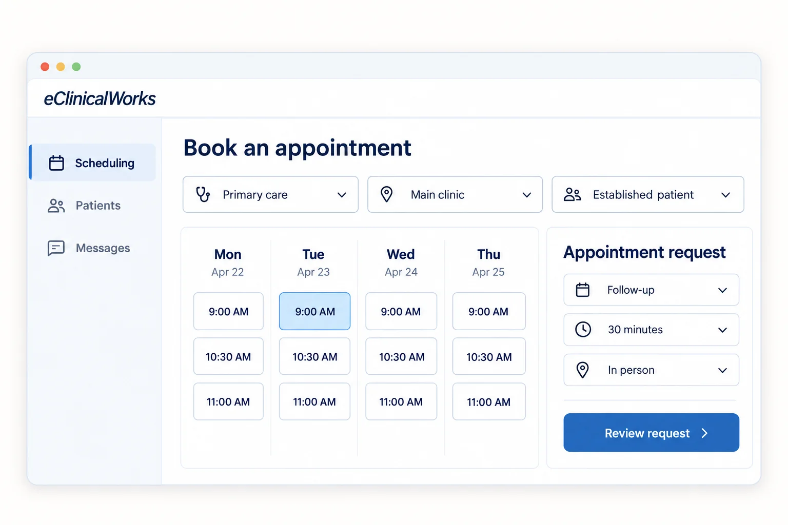 Illustrative eClinicalWorks scheduling workflow with example appointment data