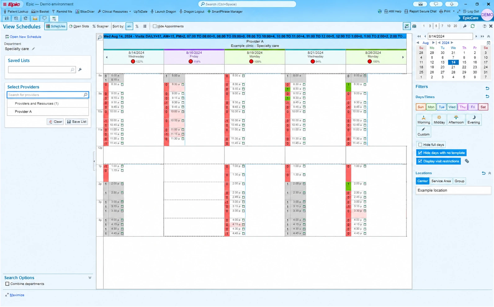 De-identified Epic scheduling interface with example data
