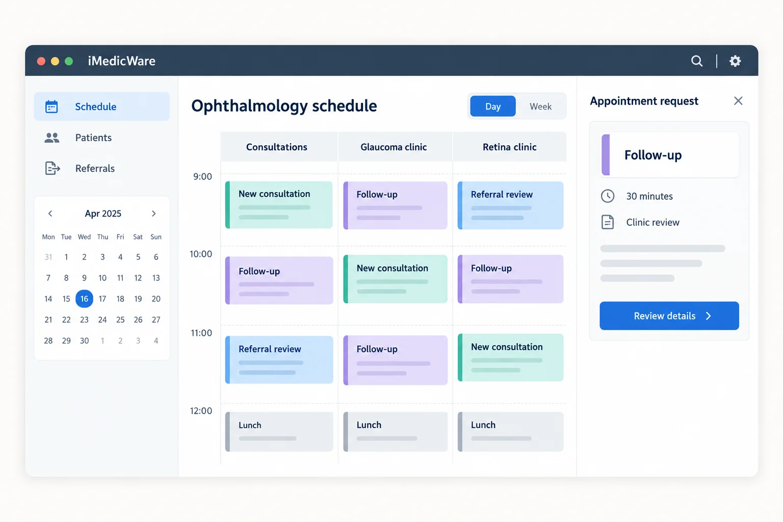 Illustrative iMedicWare scheduling workflow with example appointment data