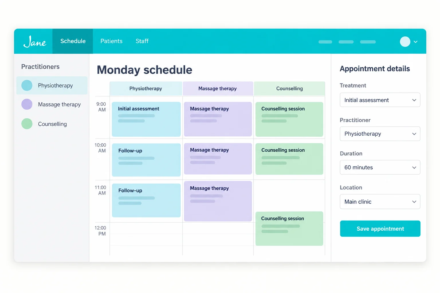 Illustrative Jane App scheduling workflow with example appointment data