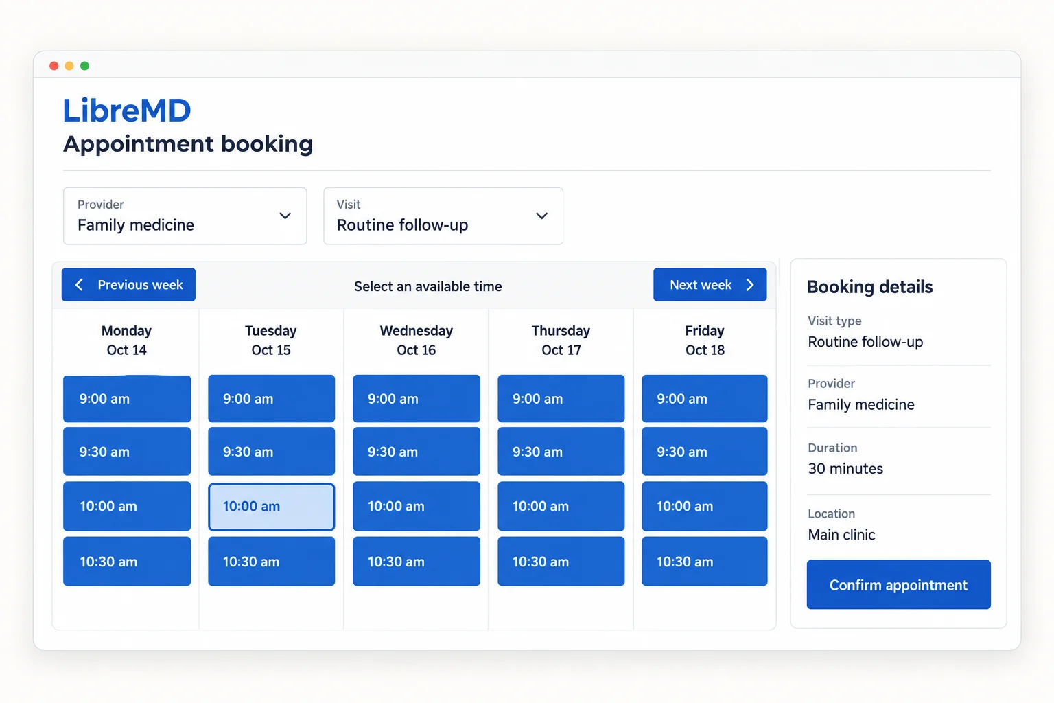 Illustrative LibreMD scheduling workflow with example appointment data