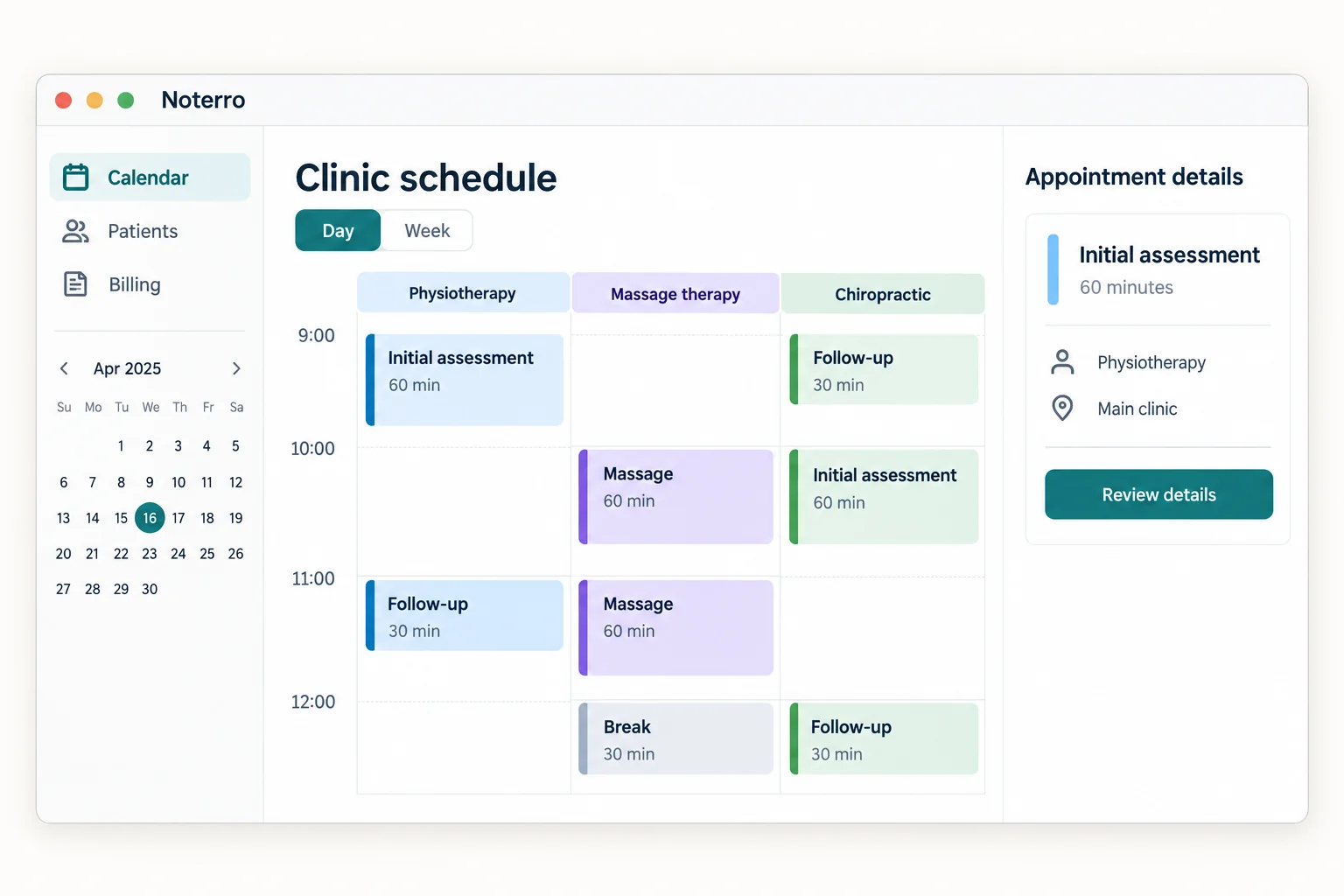 Illustrative Noterro scheduling workflow with example appointment data