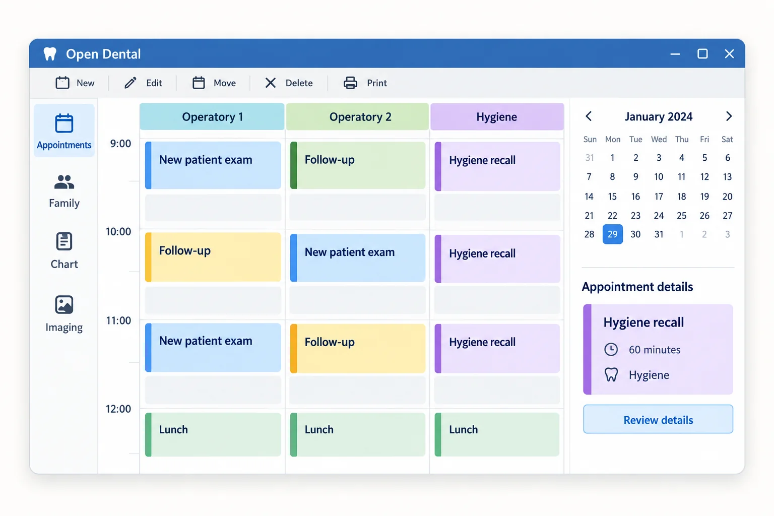Illustrative Open Dental scheduling workflow with example appointment data