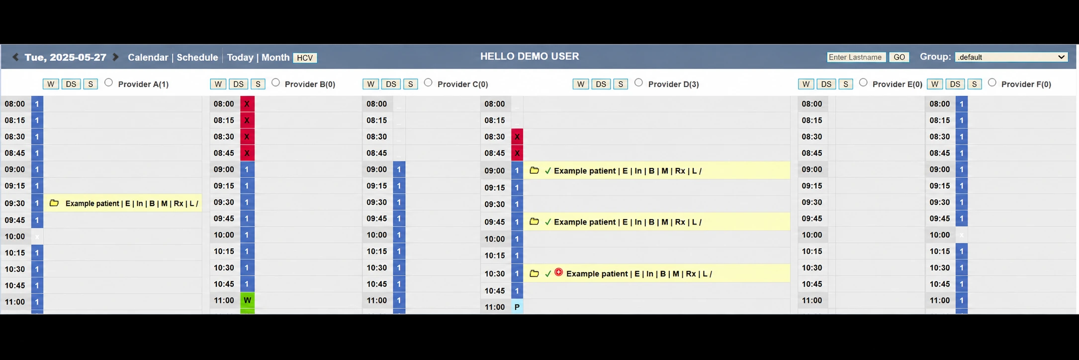De-identified OSCAR Pro scheduling interface with example data