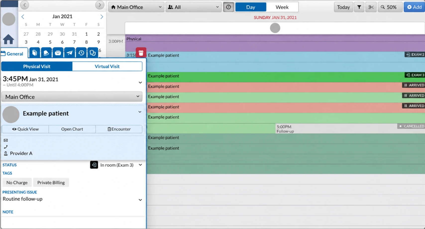 De-identified TELUS Health CHR scheduling interface with example data