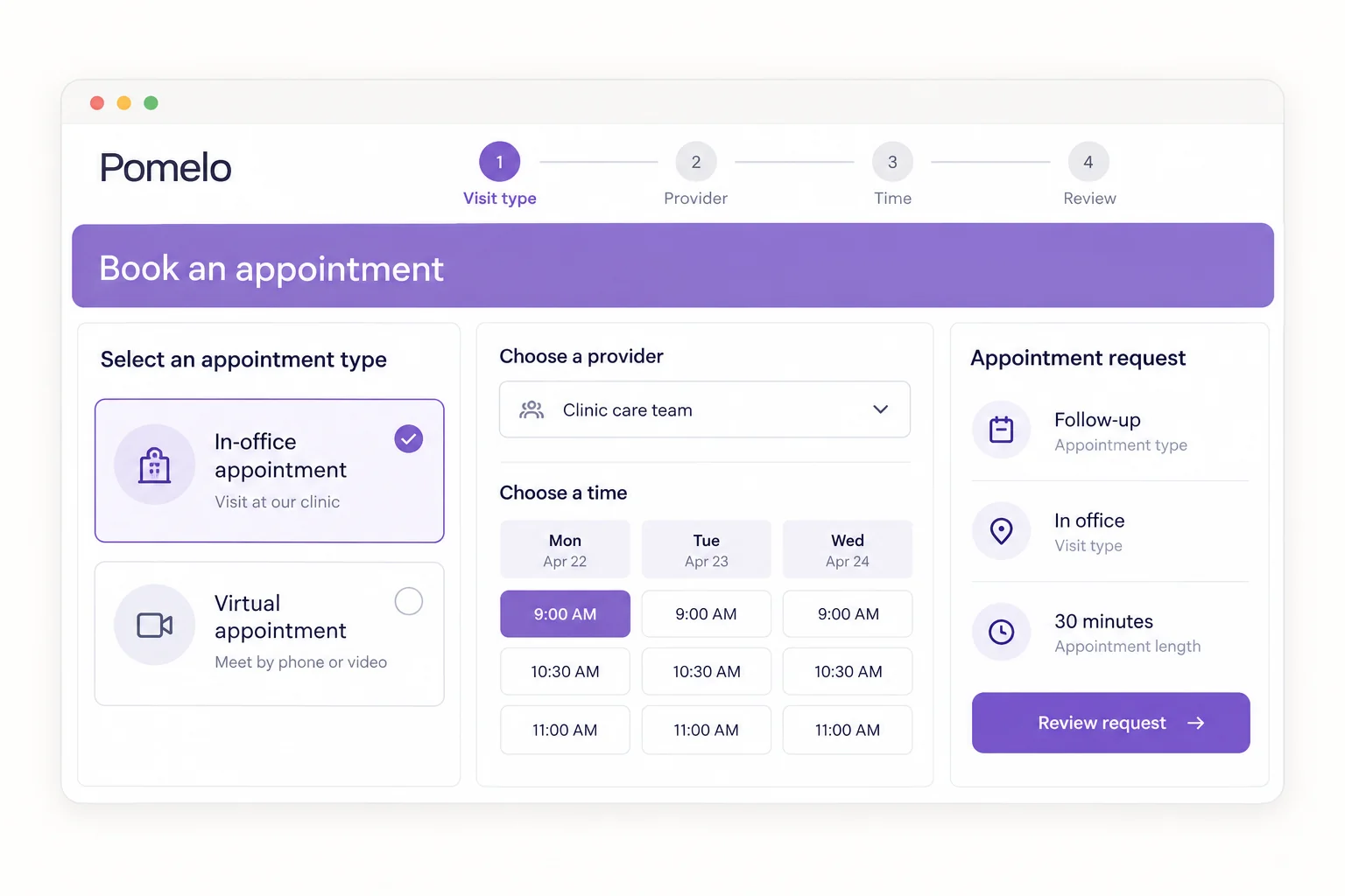 Illustrative Pomelo by TELUS Health scheduling workflow with example appointment data
