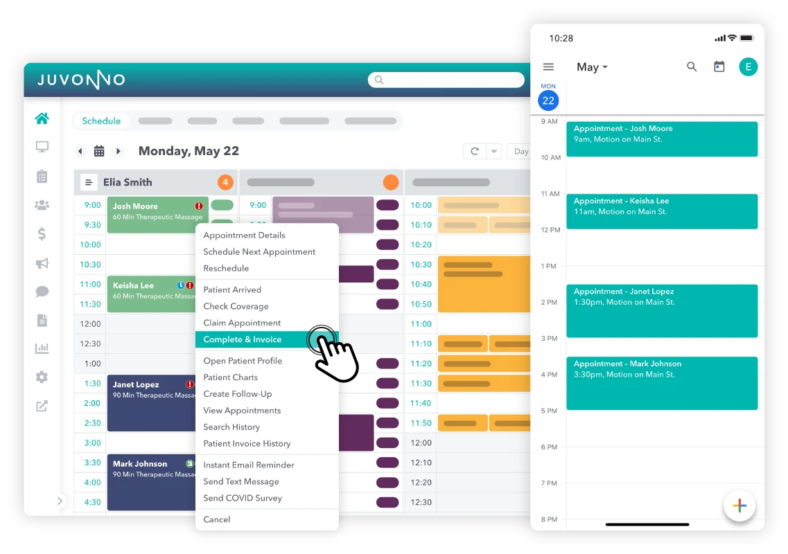 Juvonno’s scheduling interface with practitioner appointments and appointment actions