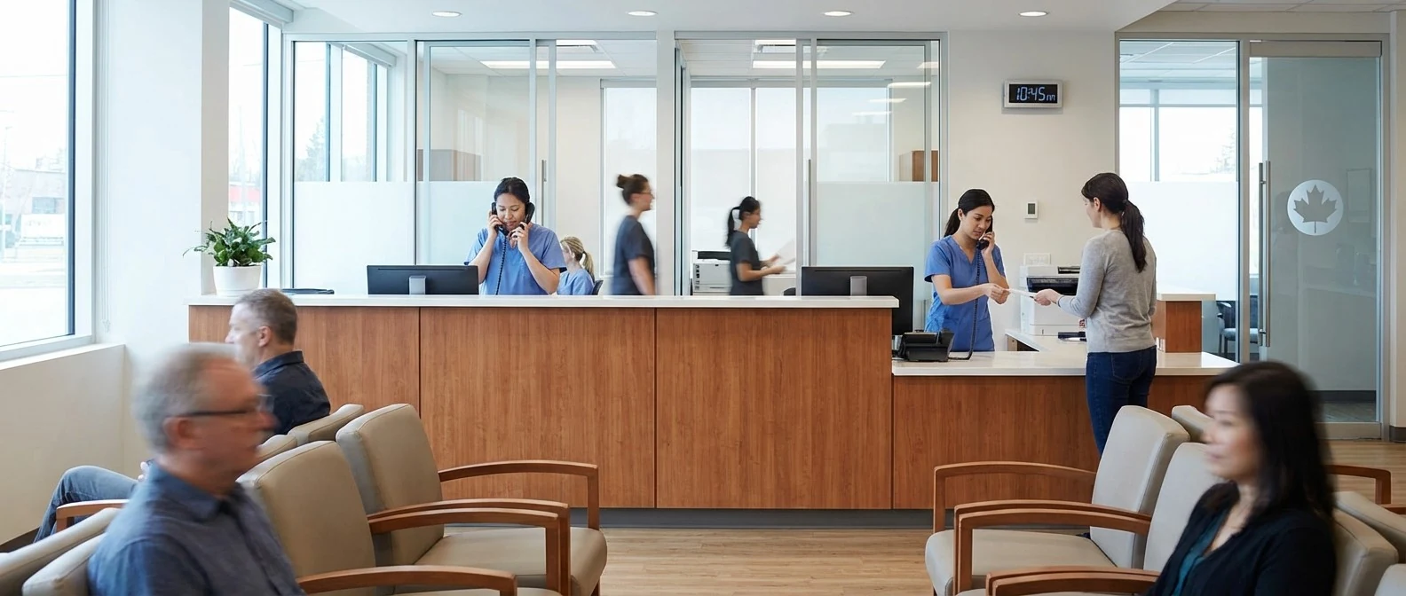Patients waiting in a medical clinic reception area