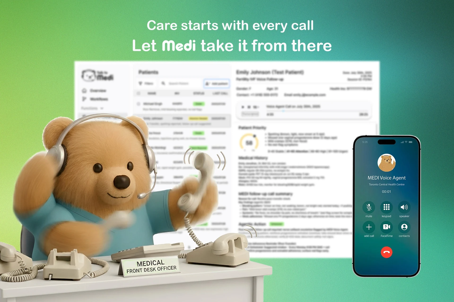 Illustrated MEDI receptionist with a sample patient dashboard and call screen