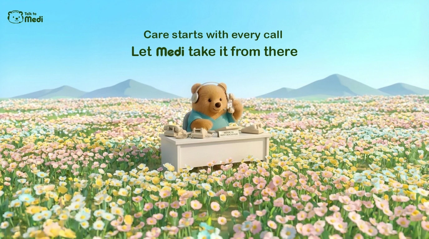 Illustration of the MEDI bear at a front desk in a field of flowers