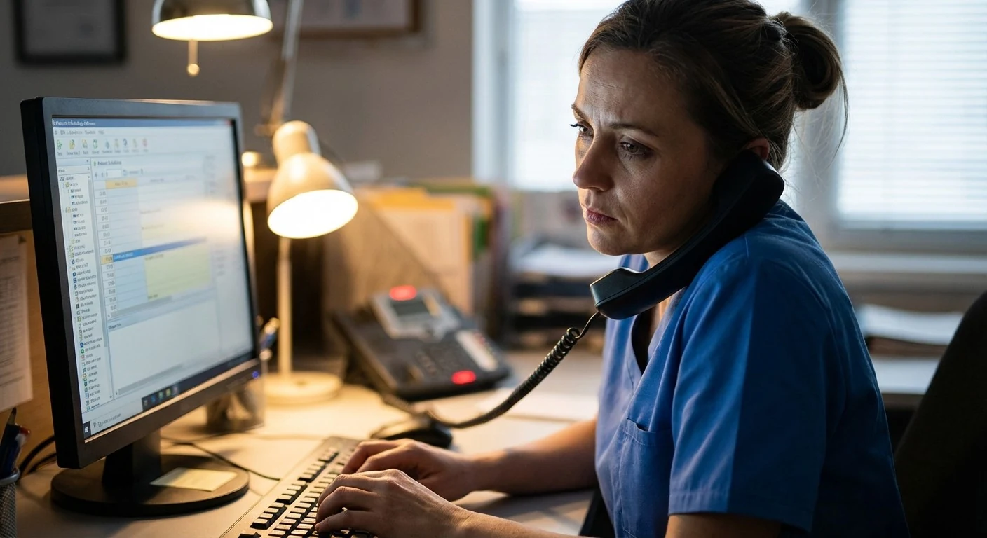 Clinic receptionist answering a patient call while using the scheduling system