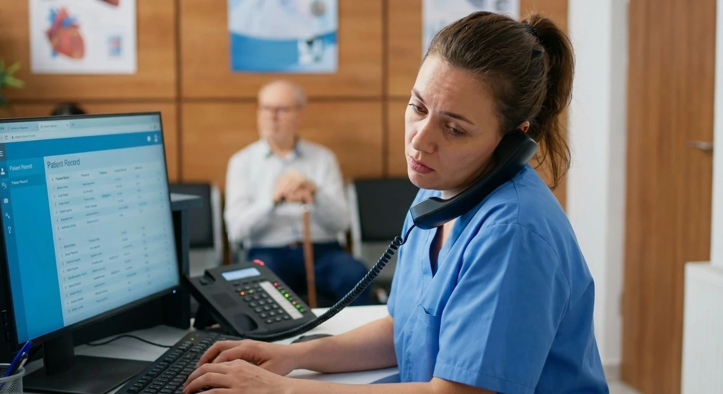 Medical receptionist managing a phone call and computer while patients wait