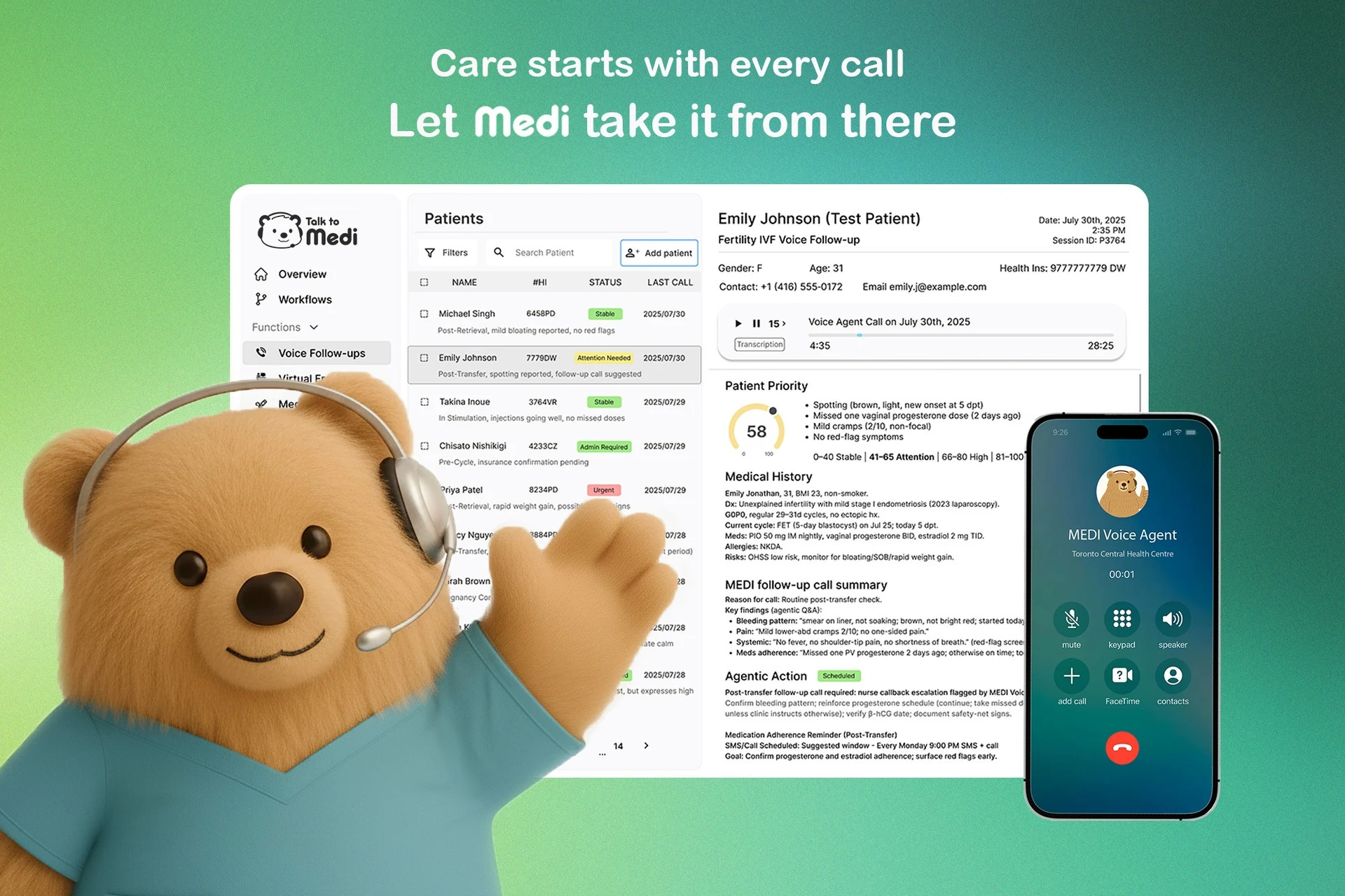 MEDI bear beside an example patient communication dashboard and phone call