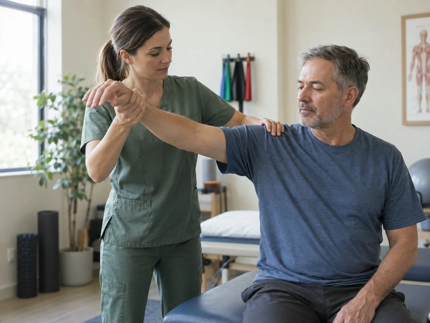 Illustrative pain, sports & physiotherapy clinic scene